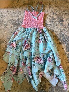 Mia Belle Girls Pink Smocked Bodice Floral Handkerchief Dress Girls Size 10Y.